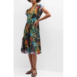 Johnny‎ Was Nero Tiered Floral-Print Cap-Sleeve Bamboo Midi Dress Size Medium